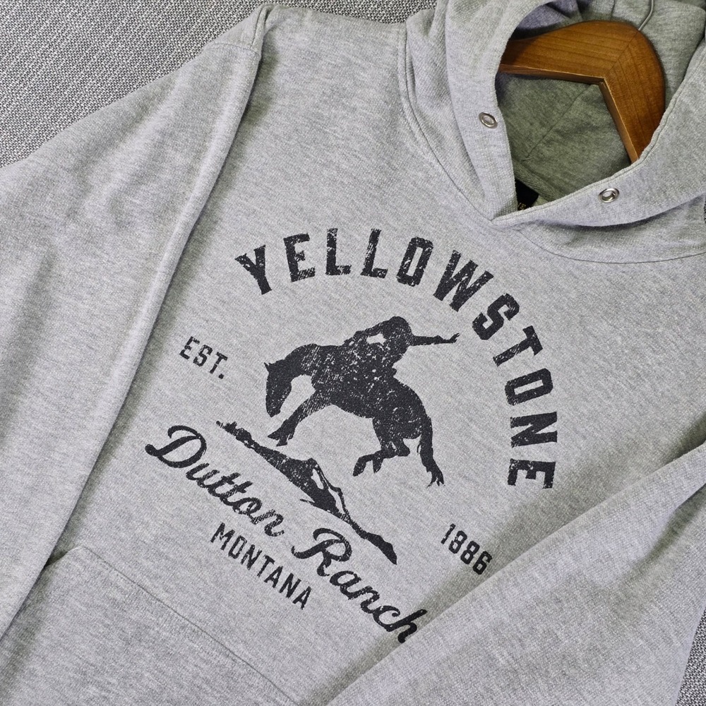 Yellowstone Dutton Ranch Hoodie Unisex Medium Gray Graphic Fleece Western Cowboy